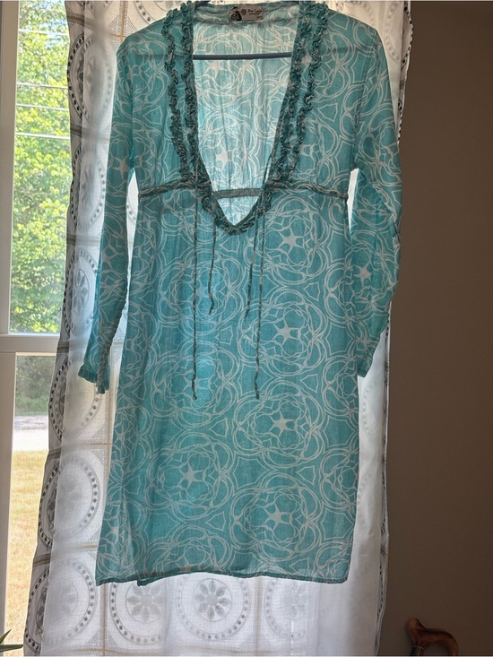 Mudpie Other - Teal & White Patterned Long-Sleeve Swim Coverup